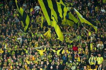 Wellington Phoenix FC fans wearing yellow and black wave scarves and flags while cheering for their team.