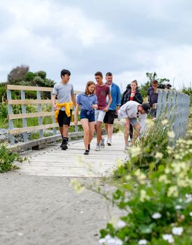 A group of hikers walk across a wooden bridge.