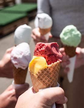 5 people holding gelato ice creams into a circle.