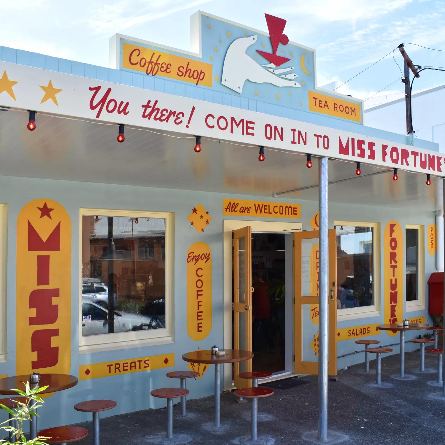 The front facade of Miss Fortune's, a small colourful coffee shop in Gracefield Lower Hutt. 