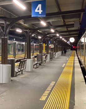 Two trains sit on either side of platform 4 at Wellington train station.