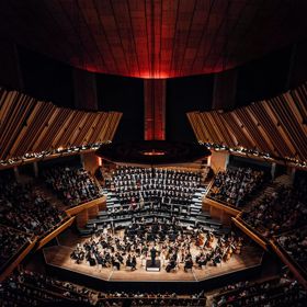 The Orchestra Wellington performing at the Michael Fowler Centre to a full audience.