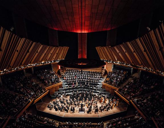 The Orchestra Wellington performing at the Michael Fowler Centre to a full audience.