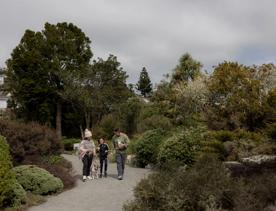 Two adults and a child walking on path with dog on lead. Walking through a garden with mature trees and plants, wearing winter clothes. Grey sky, some houses in the background.