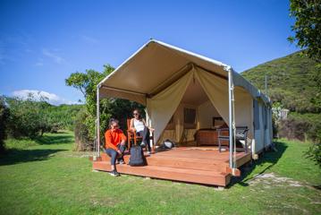 2 poeple sit outside in the sun, on thre balcony of their tent cabin, on Kapiti Island.