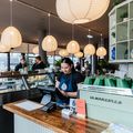 Modern café interior with hanging pendant lights, a glass food cabinet and a service counter in central Wellington.