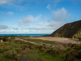 The screen location of Ōrongorongo Station, with many buildings, old and new, as well as views of the ocean and mountains.
