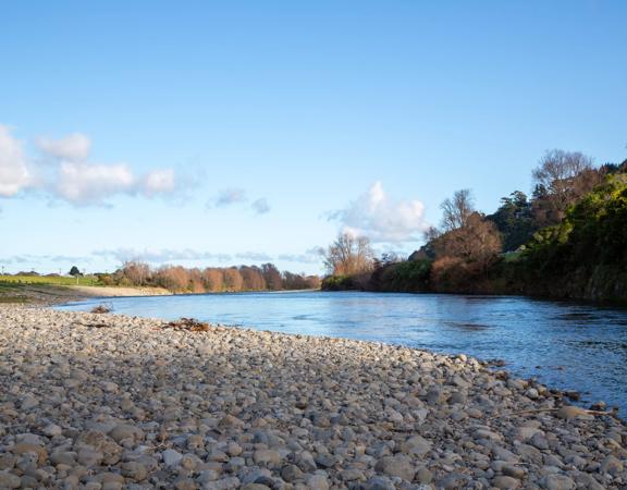 The Taitā Rock swimming hole in Lower Hutt, with lush green bush surrounding a blue river and large pebbles on the shore.