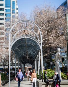 The open archway structure at Midland Park on Lambton Quay in Wellington CBD.
