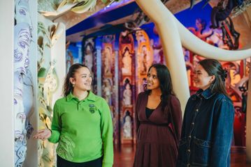 Two people at Museum of New Zealand Te Papa Tongarewa looking at an exhibition with a tour guide