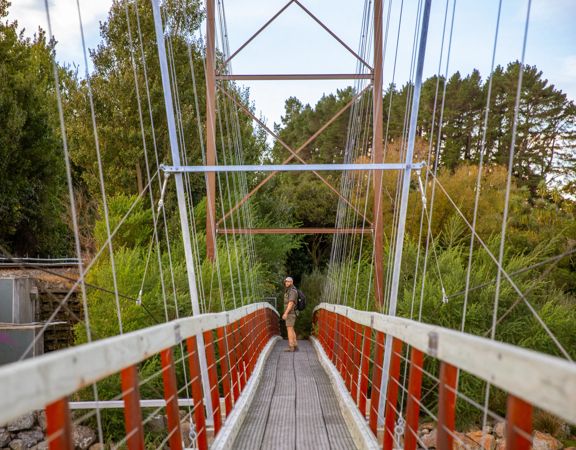 A person standing on a red swing bridge on the Tauwharenikau Trail in the Wairarapa region.