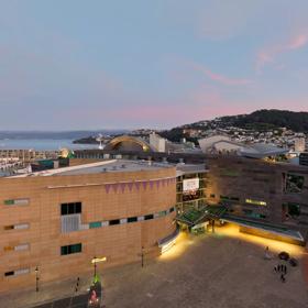 Drone image of Te Papa and Tākina at sunset, with view of Wellington harbour, Mount Victoria and city in background.