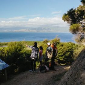 A family on the Okupe Valley Loop Track on Kapiti Island. They are standing at a viewpoint where they can see the Kāpiti Coast.