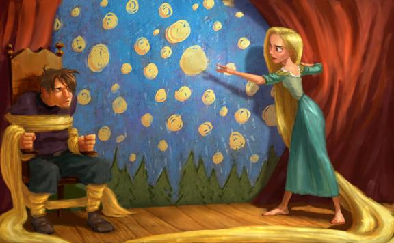 A still from the animated film 'Tangled' (2010) where Rapunzel uses her long hair to tie Flynn Rider to a chair and looks at a night sky mural.