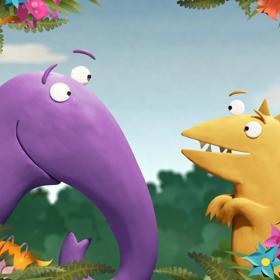 The two main characters from the animated children's TV show Kiri and Lou look at each other behind a frame of flowers