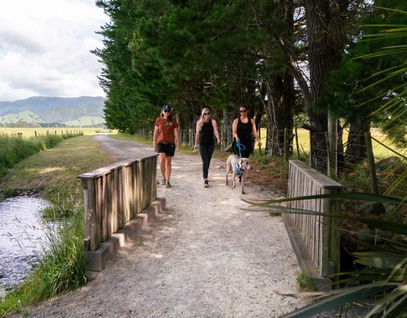Three people and a dog on leash, walking on a gravel path, across a small bridge on the Greytown to Woodside Trail.