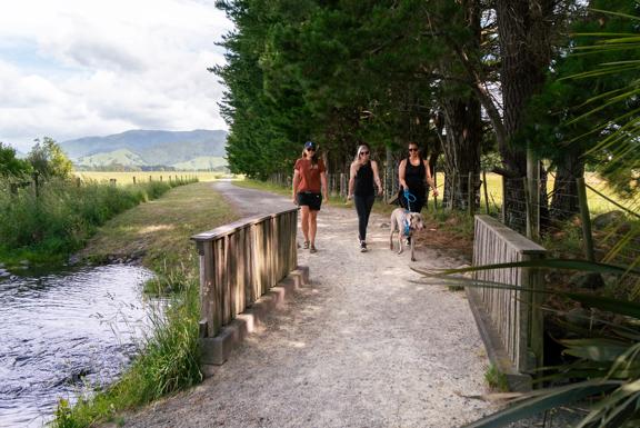 Three people and a dog on leash, walking on a gravel path, across a small bridge on the Greytown to Woodside Trail.
