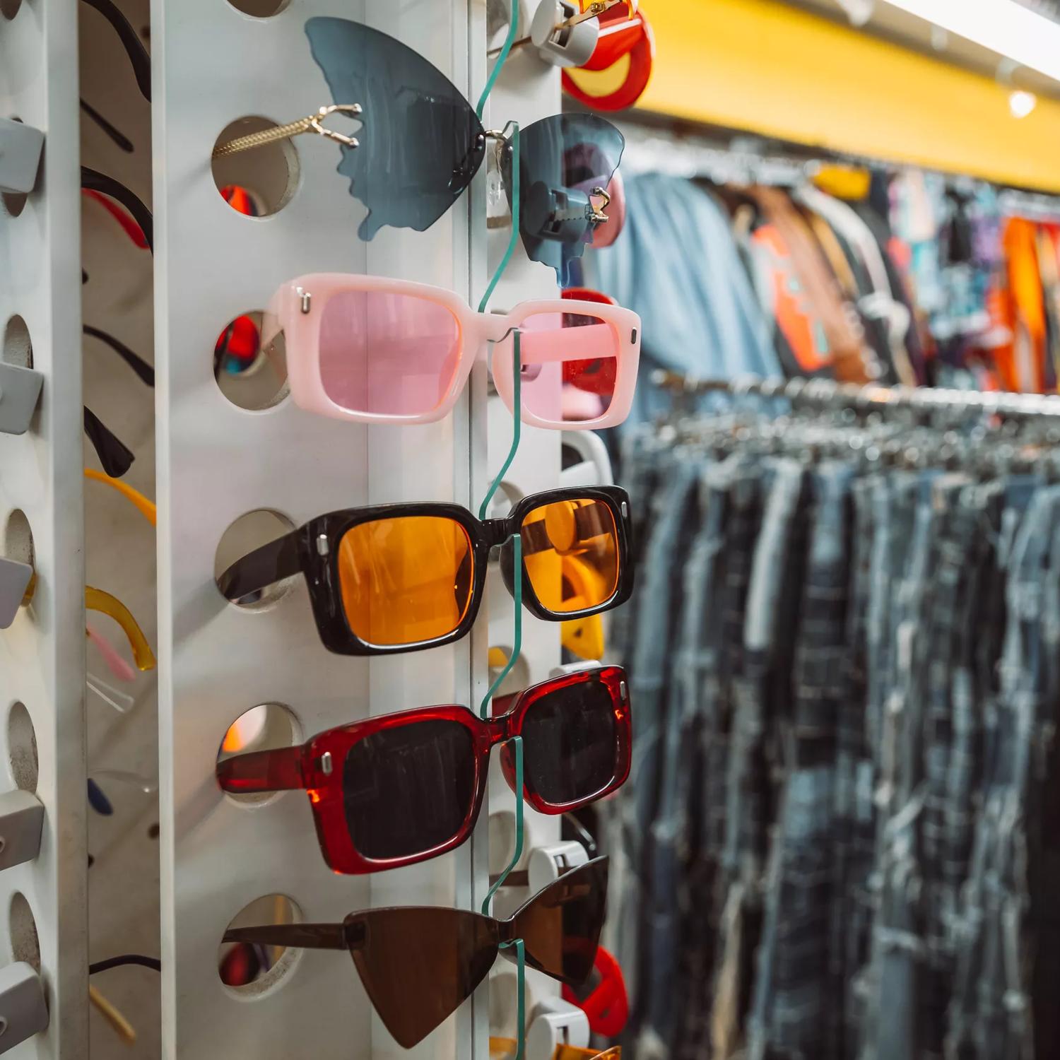 A rack of funky sunglasses inside Spacesuit, a second-hand clothing store located on Cuba Street in Te Aro, Wellington.