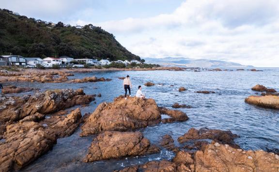 Two people on a rocky coastline on the Southern Walkway, a hiking trail in Wellington, New Zealand.