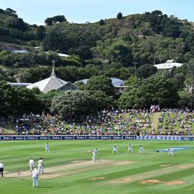 A cricket game at the Basin Reserve in Wellington on a sunny day.