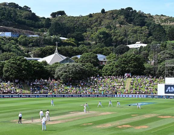 A cricket game at the Basin Reserve in Wellington on a sunny day.