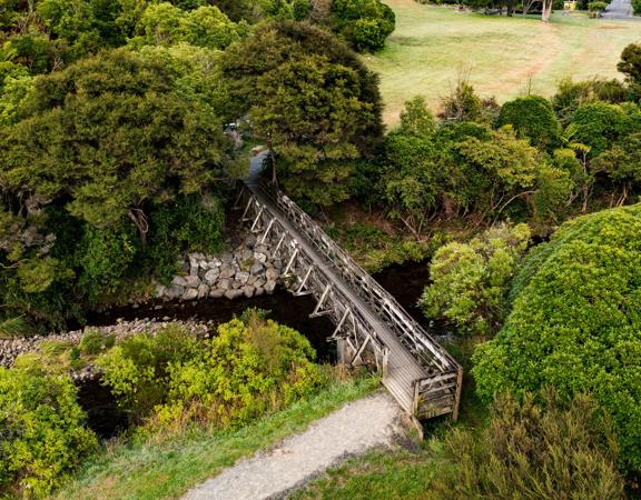 A small wooden bridge over a river on the Gums Loop trail in Wainuiomata Park.