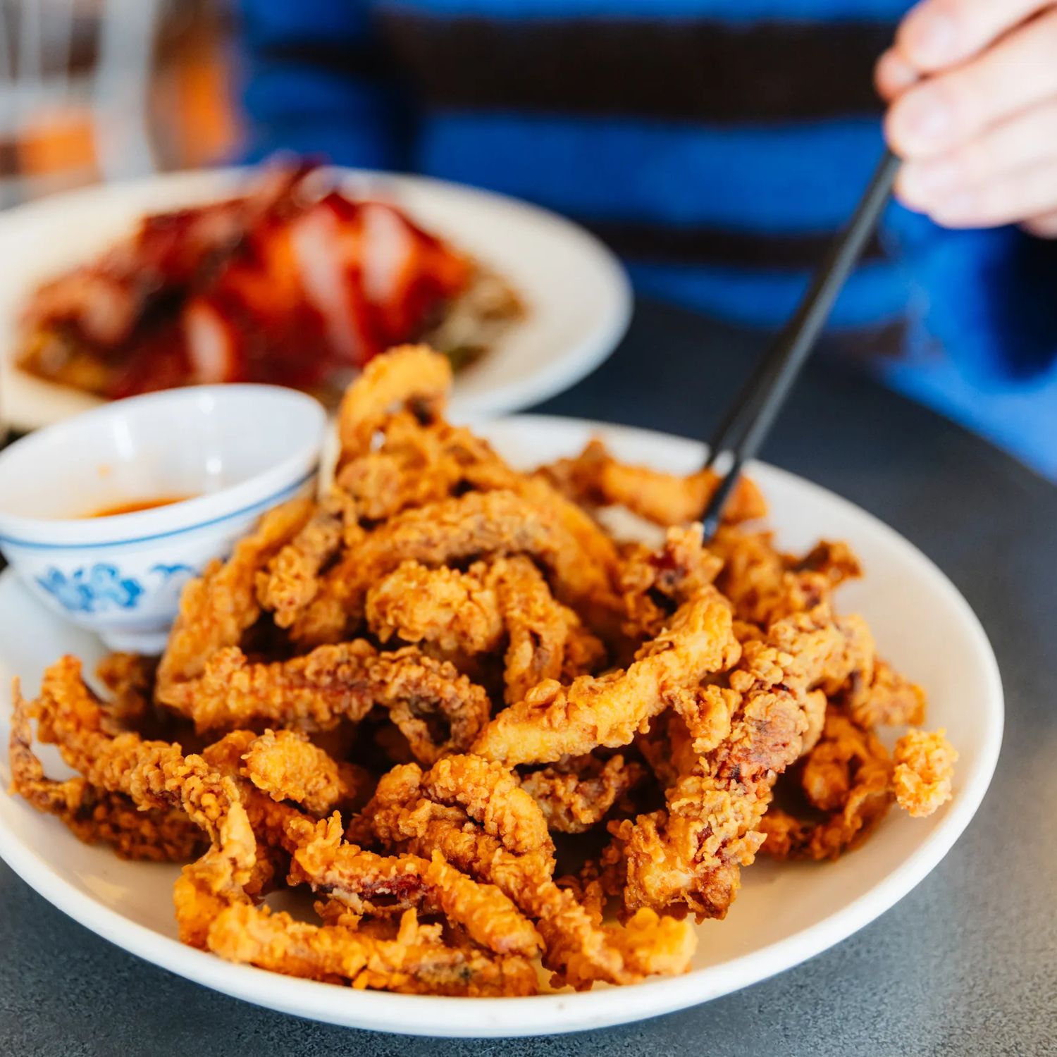 A bowl of fried squid.