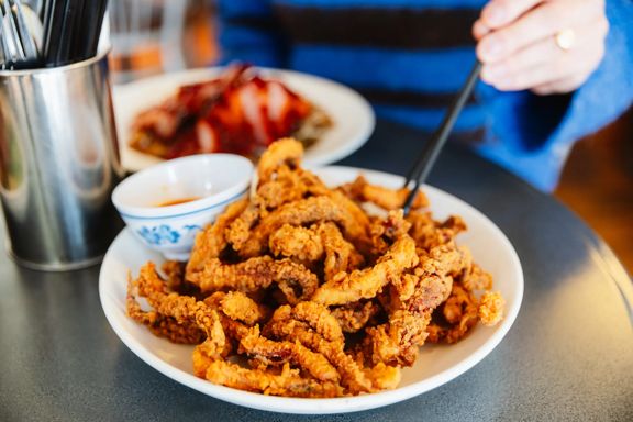 A bowl of fried squid.
