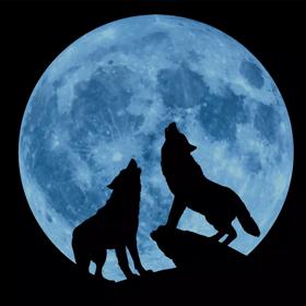 Silhouettes of two wolves howling, backlit by a giant pale blue full moon.