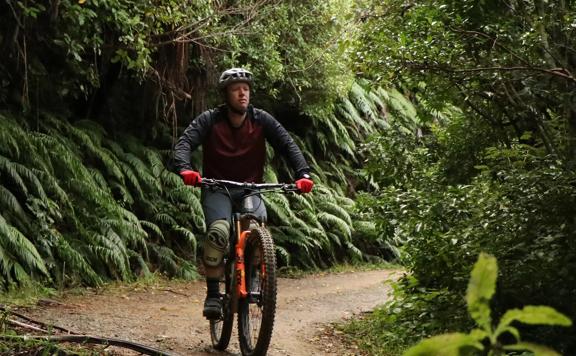 A mountain biker riding on Waiu Park trail in Wainuiomata located in Lower Hutt. 