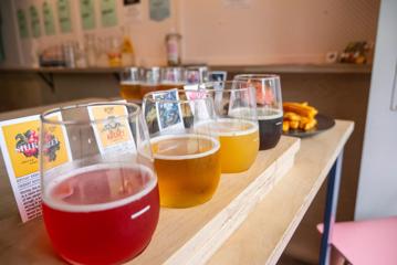 A close-up of a flight of beers at Heyday Beer Co.