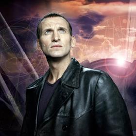 Image of Christopher Eccleston  (shot includes his chest upwards). The background is a mysterious sci-fi sky coloured apricot and purple.