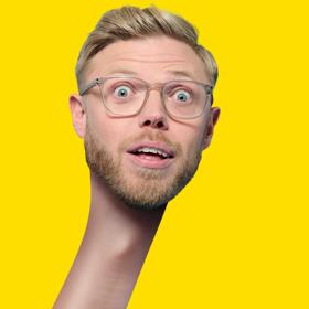 Rob Beckett with a stretched neck on a yellow background.