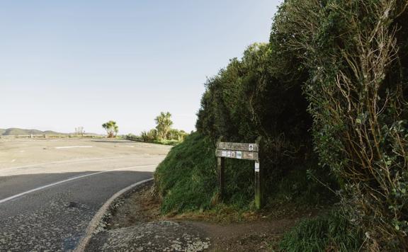 The entrance to a nature walking trail on the side of a road with a wooden sign post to mark it.