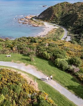 Aerial view of the Eastern Walkway coastline, showing a winding path through coastal vegetation, with two people walking along the track beside the rocky shoreline and blue sea.