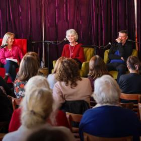 Cristina Sanders, Dame Lynley Dodd, Mike White, Ashleigh Young speaking at a panel at the Featherston Booktown Karukatea Festival.