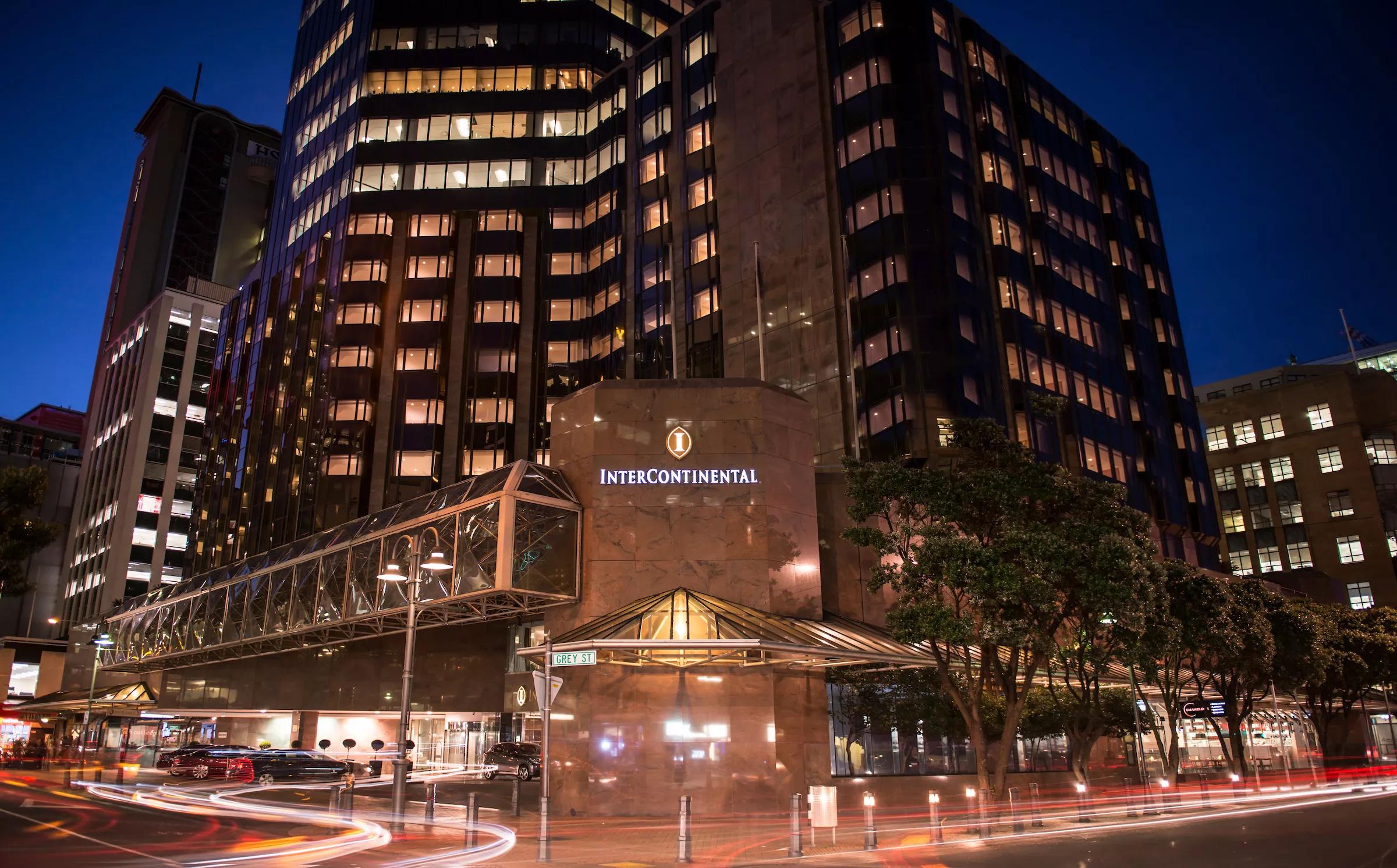 The exterior of the InterContinental Hotel on the corner of  Grey Street and Customhouse Quay in Wellington.