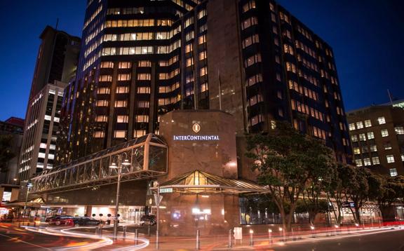 The exterior of the InterContinental Hotel on the corner of  Grey Street and Customhouse Quay in Wellington.