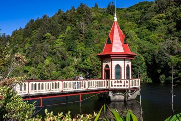 The Karori Reservoir historic gothic-style water outlet control tower at Zealandia Karori Sanctuary, Karori, Wellington.