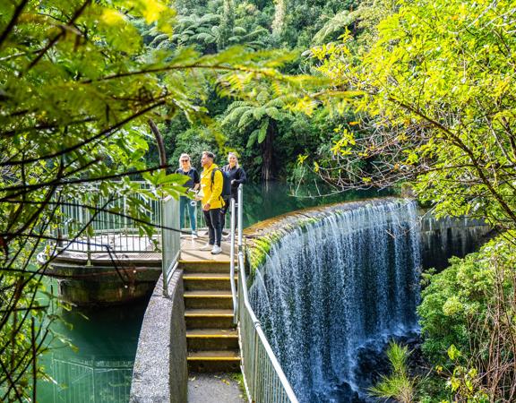 Three people standing on top of Birchville Dam. Green trees and bushes surround them.