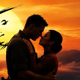 Silhouette of two people embracing against a golden sunset, with a helicopter flying in the background.