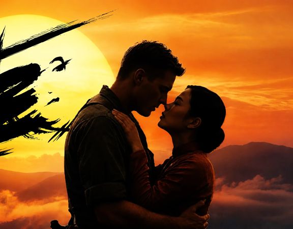 Silhouette of two people embracing against a golden sunset, with a helicopter flying in the background.