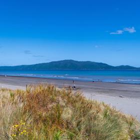 Waikanae Beach on a sunny  day with bright blue sky and Kapiti Island in the background.