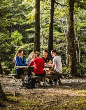Five friends picnic at a table on Butterfly Creek Loop.