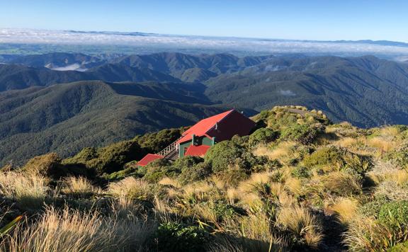 Powell Hut in Tararua Forest Park in the Wairarapa region. It's a small green hose with a orange-red rood with a big wooden deck on the top of a mountain surrounded by lush greenery. 