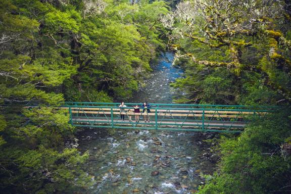 A drone shot of two adults and two kids standing on a bridge over a river in Tararua Forest Park.