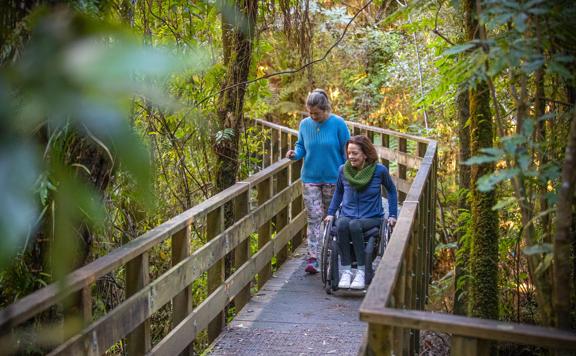 Two people are on a nature trail going across a bridge/boardwalk. One is a wheelchair user.