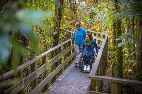 Two people are on a nature trail going across a bridge/boardwalk. One is a wheelchair user.