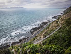 Two people walking on a swingbridge on a trail that is hugging the hillside. A highway with cars on is at the base of the hill, with blue ocean and Kapiti Island in the distance.