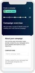 A high-resolution digital user interface mock-up shows the campaign overview screen on an illustrated smartphone.